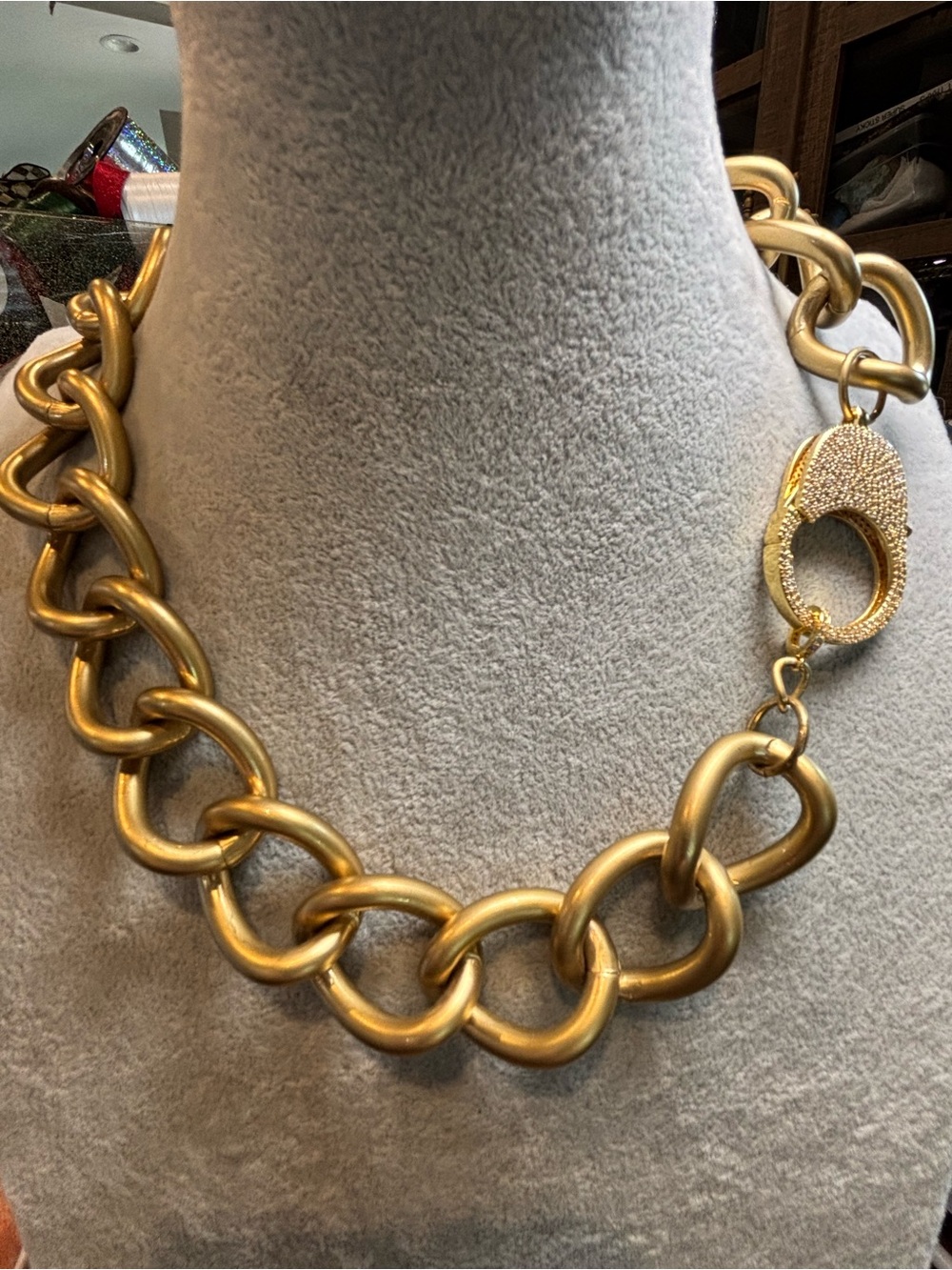 Vintage Gold Chunky Chain Necklace with added large pave crystal Clasp